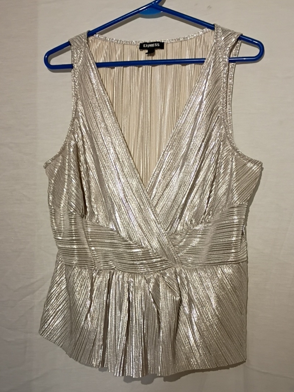 Express Silver Metallic Pleated Wrap Tank Top